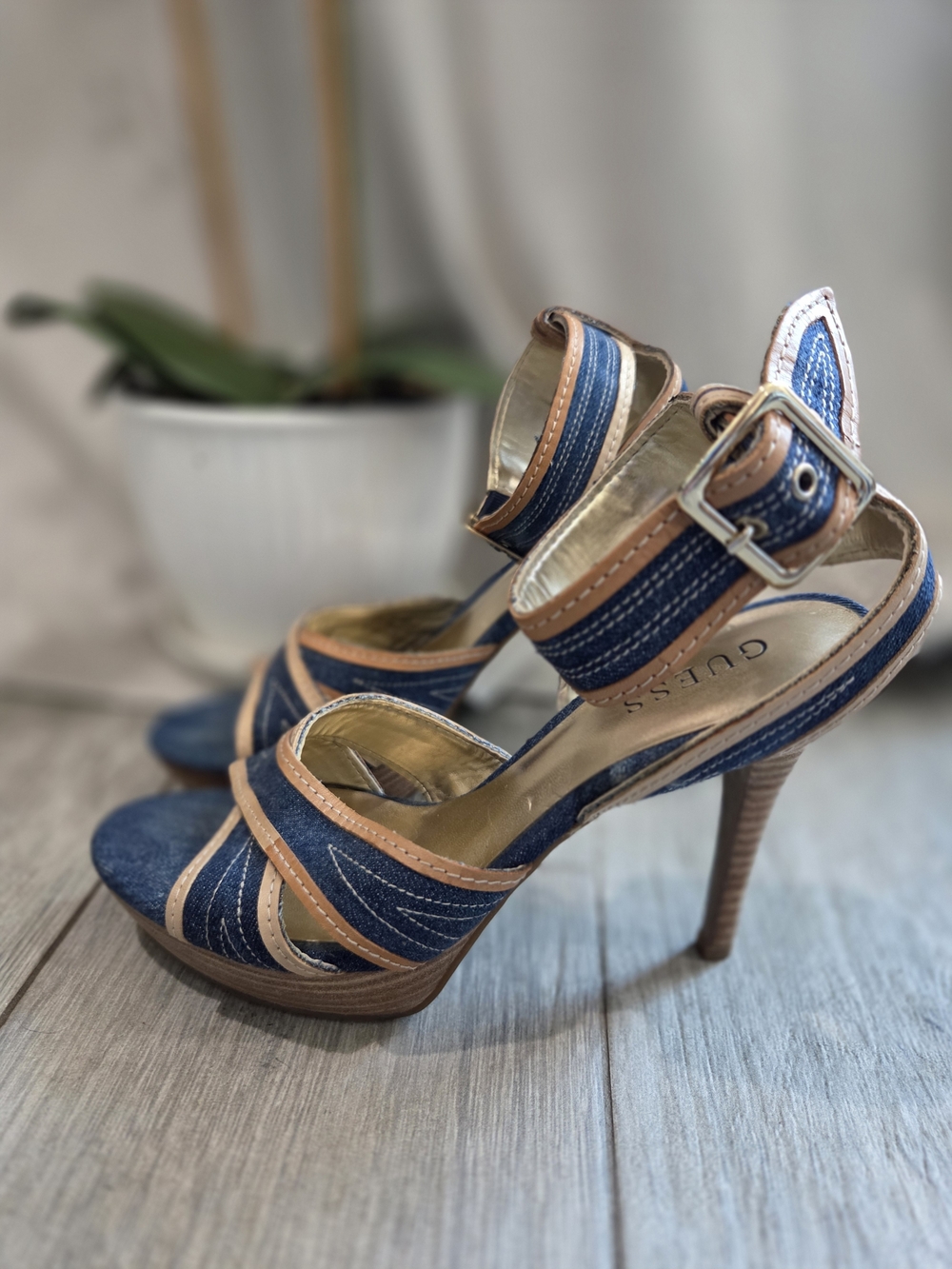 Guess Denim Blue and Tan Strappy High Heel Sandals